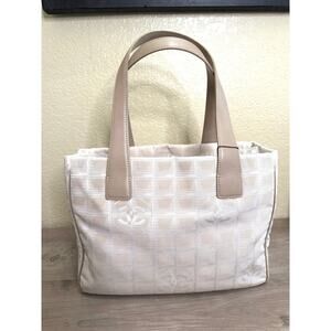 Vintage Chanel Travel Line Tote PM Beige Tan Jacquard CC Canvas Leather Handles